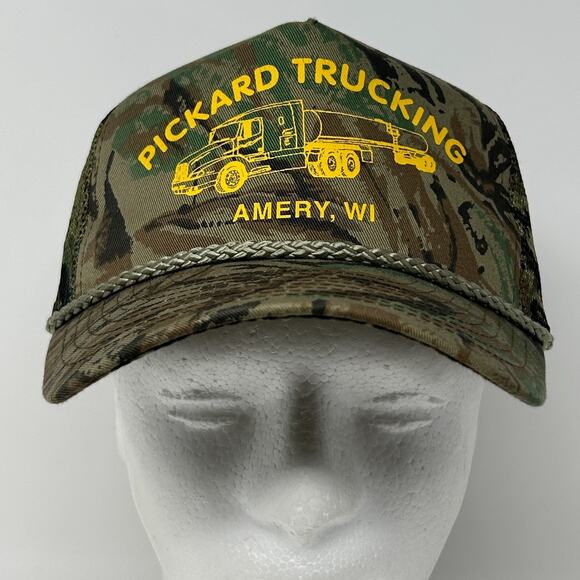 Vintage 90s Pickard Trucking Trucker Hat Baseball Cap Camo Mesh Snapback Green - Picture 2 of 9